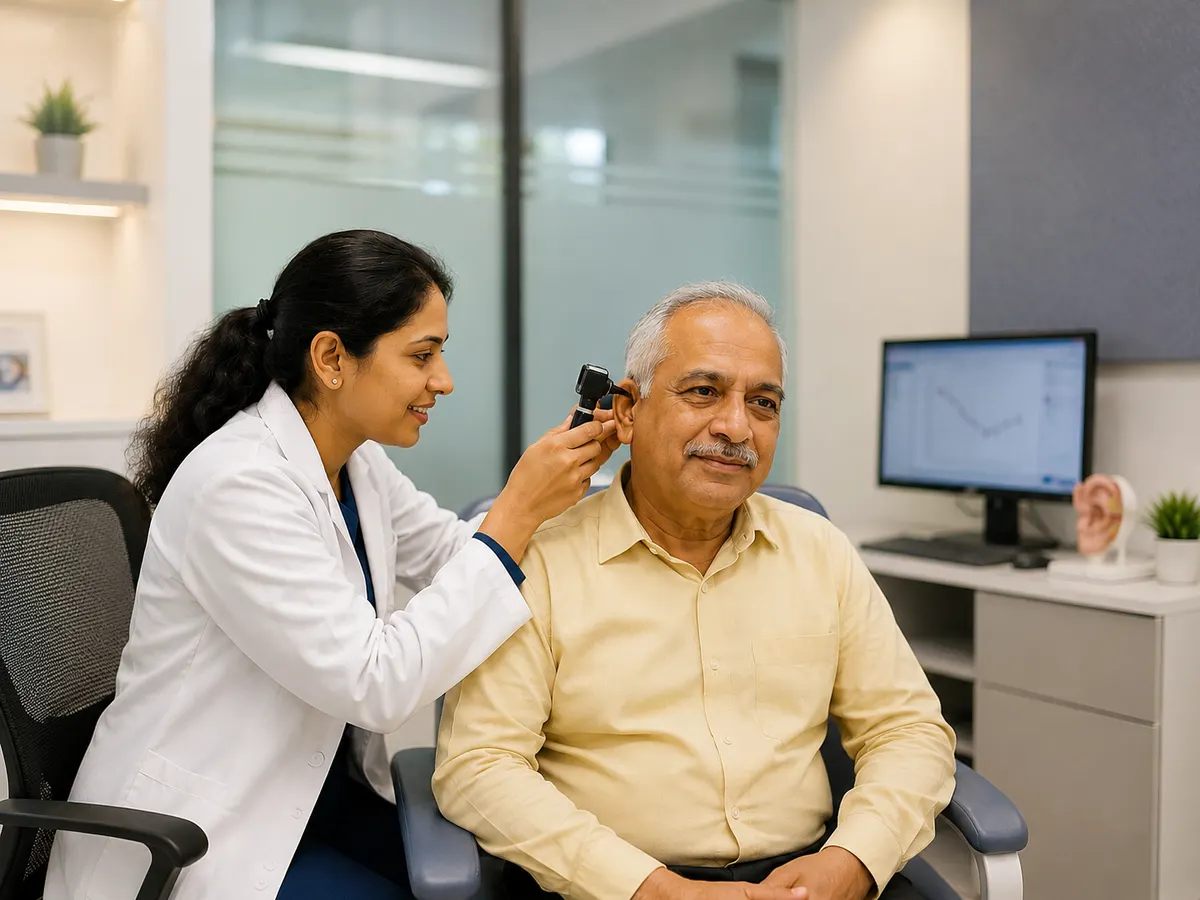 Audiologist fitting a hearing aid for a patient